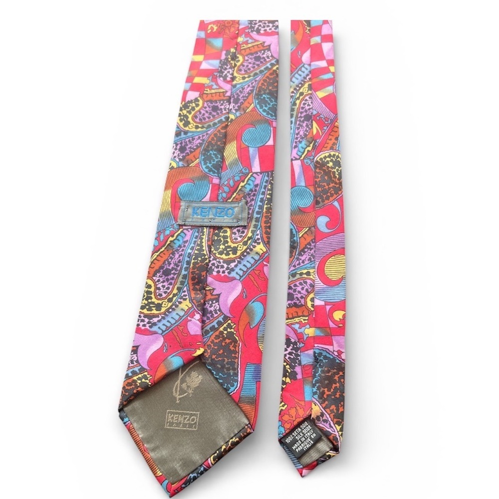 Vintage Kenzo Paris Mens Silk Tie Red Multi Paisley Geometric Made in Italy - Picture 4 of 5